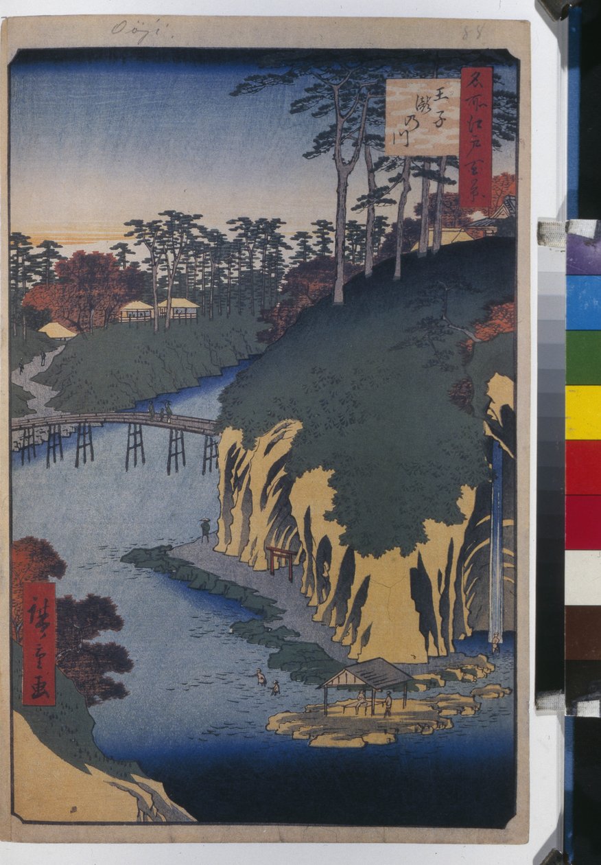 Honderd beroemde uitzichten van Edo: De Takinogawa in Oji door Ando or Utagawa Hiroshige