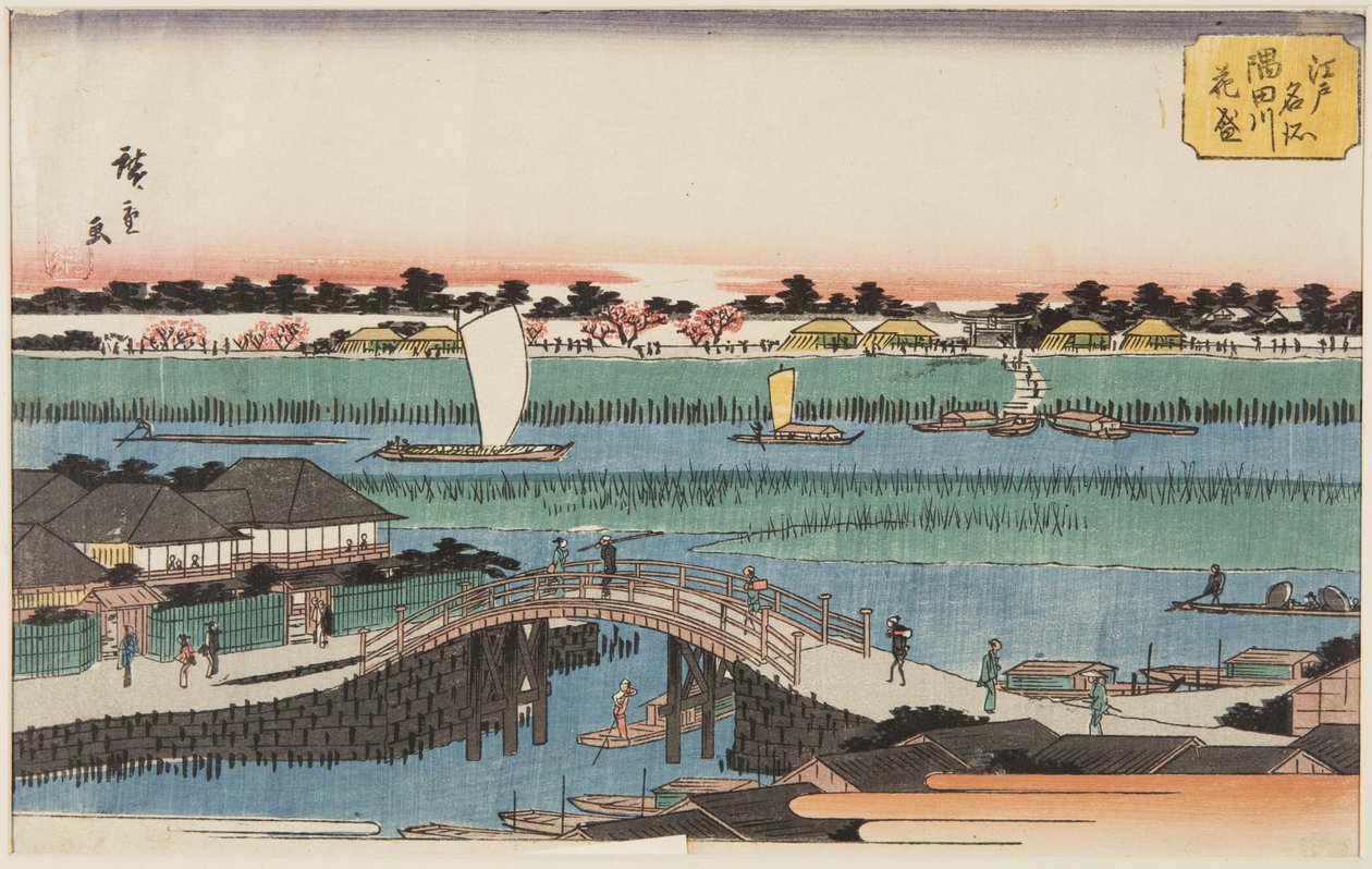 Kersenbloesems in volle bloei langs de Sumida-rivier door Ando or Utagawa Hiroshige