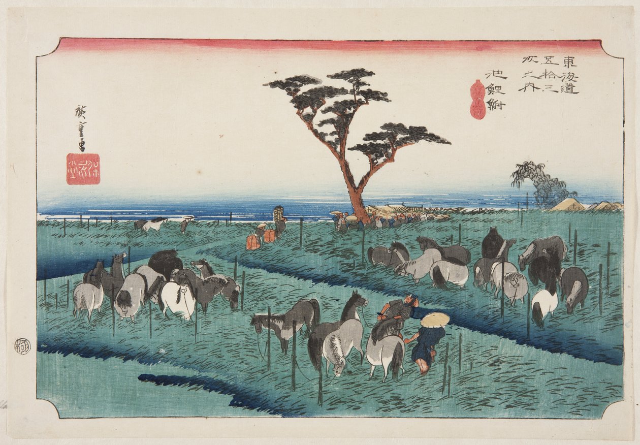 Chiryu: Vroege zomer paardenmarkt door Ando or Utagawa Hiroshige