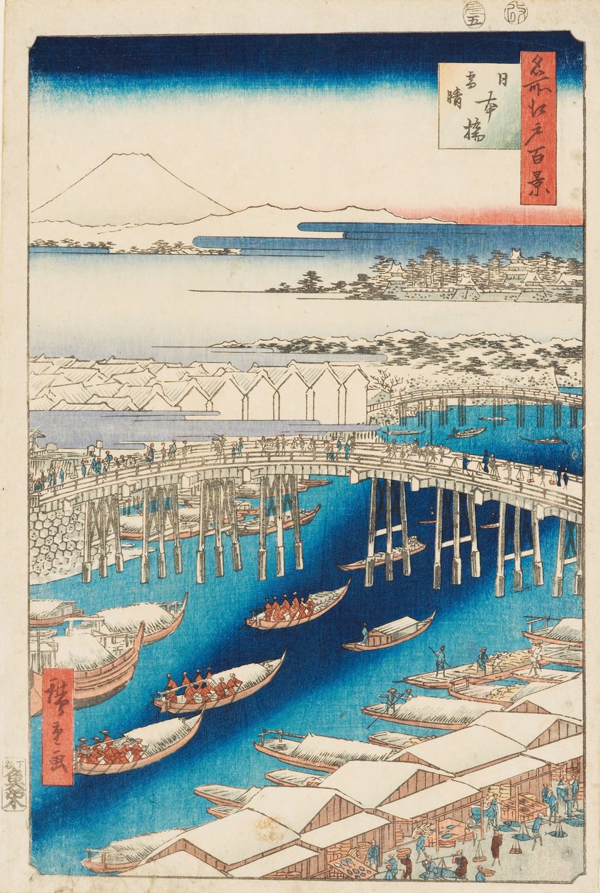 Opklaring na sneeuw bij Nihonbashi-brug door Ando or Utagawa Hiroshige