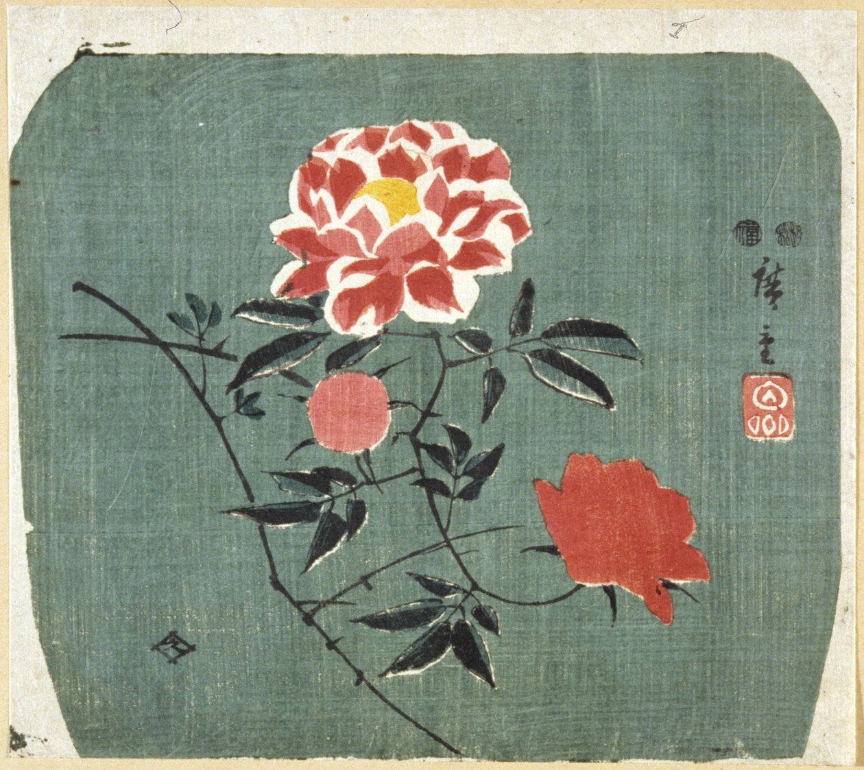 Fan Print: Roos door Ando or Utagawa Hiroshige