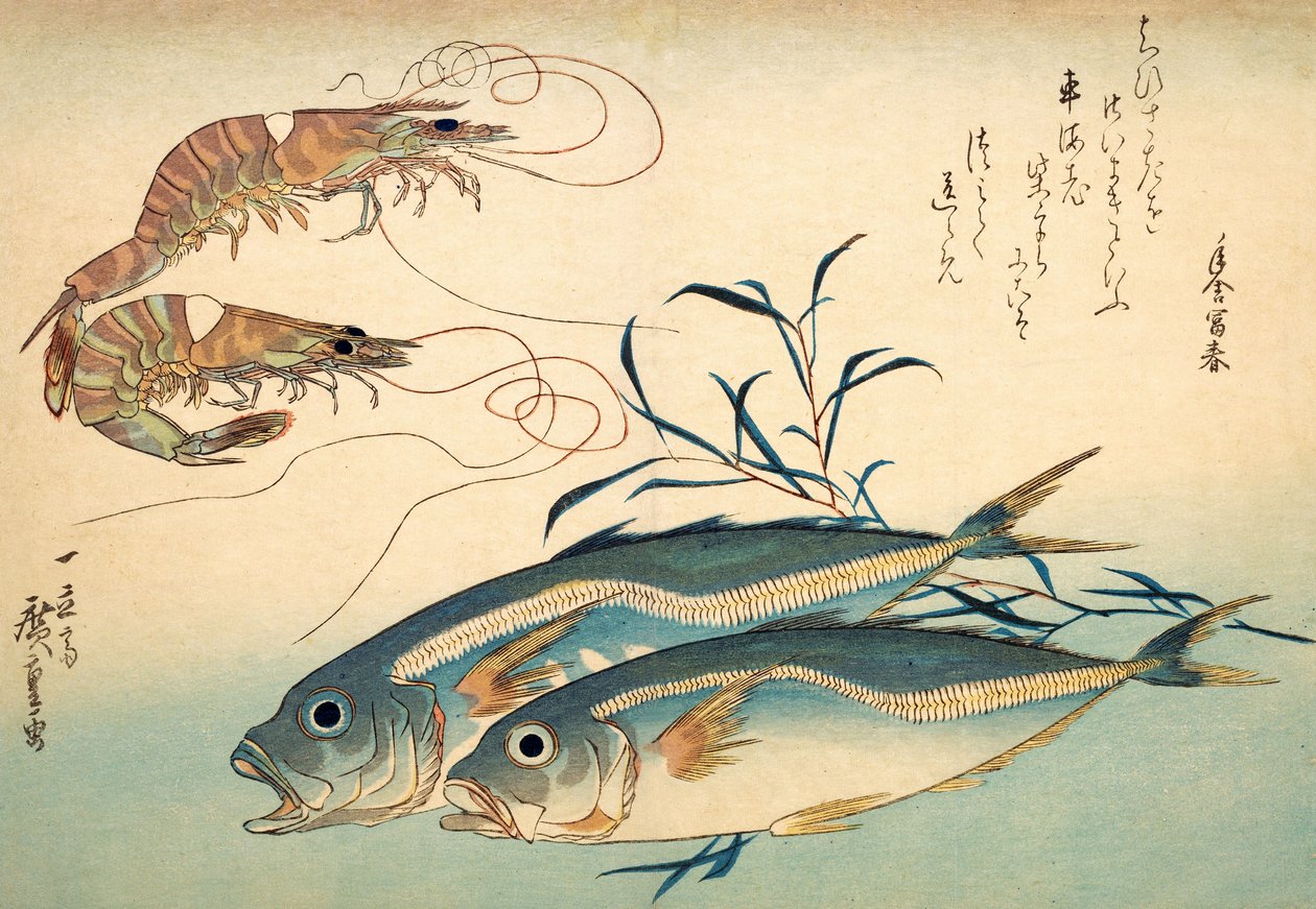 Japanse horsmakreel en Japanse tijgergarnaal door Ando or Utagawa Hiroshige