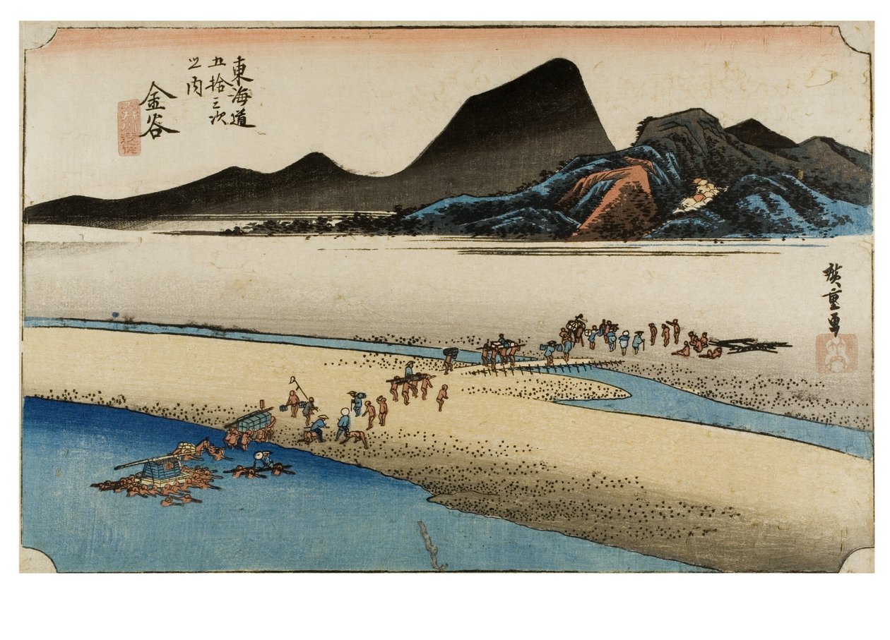 Kanaya: Far Bank of the Oi River uit de serie The Fifty-three Stations of the Tokaido, ca. 1831-1834 (houtsnede op papier) door Ando or Utagawa Hiroshige