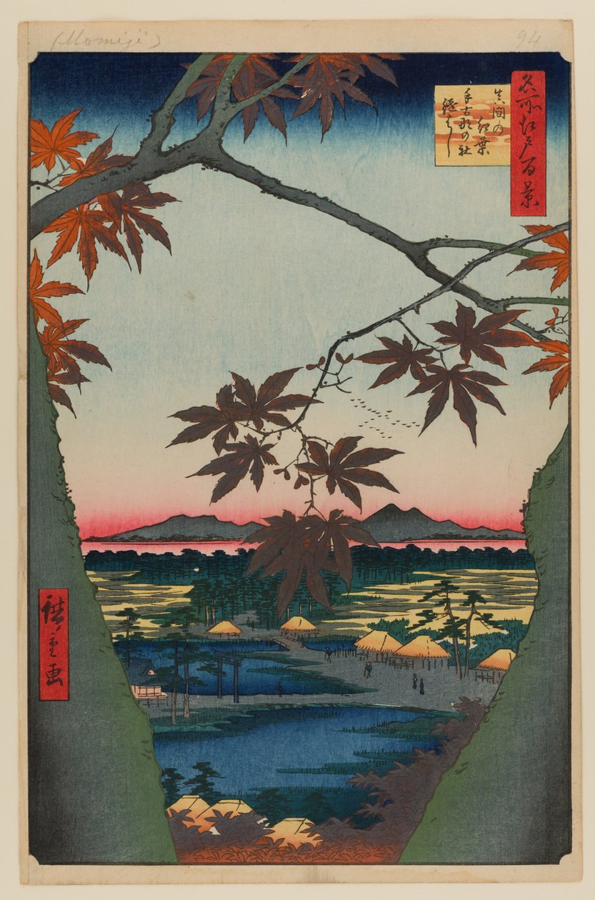 Esdoorns bij Mama, Tekona-heiligdom en Verbonden Brug door Ando or Utagawa Hiroshige