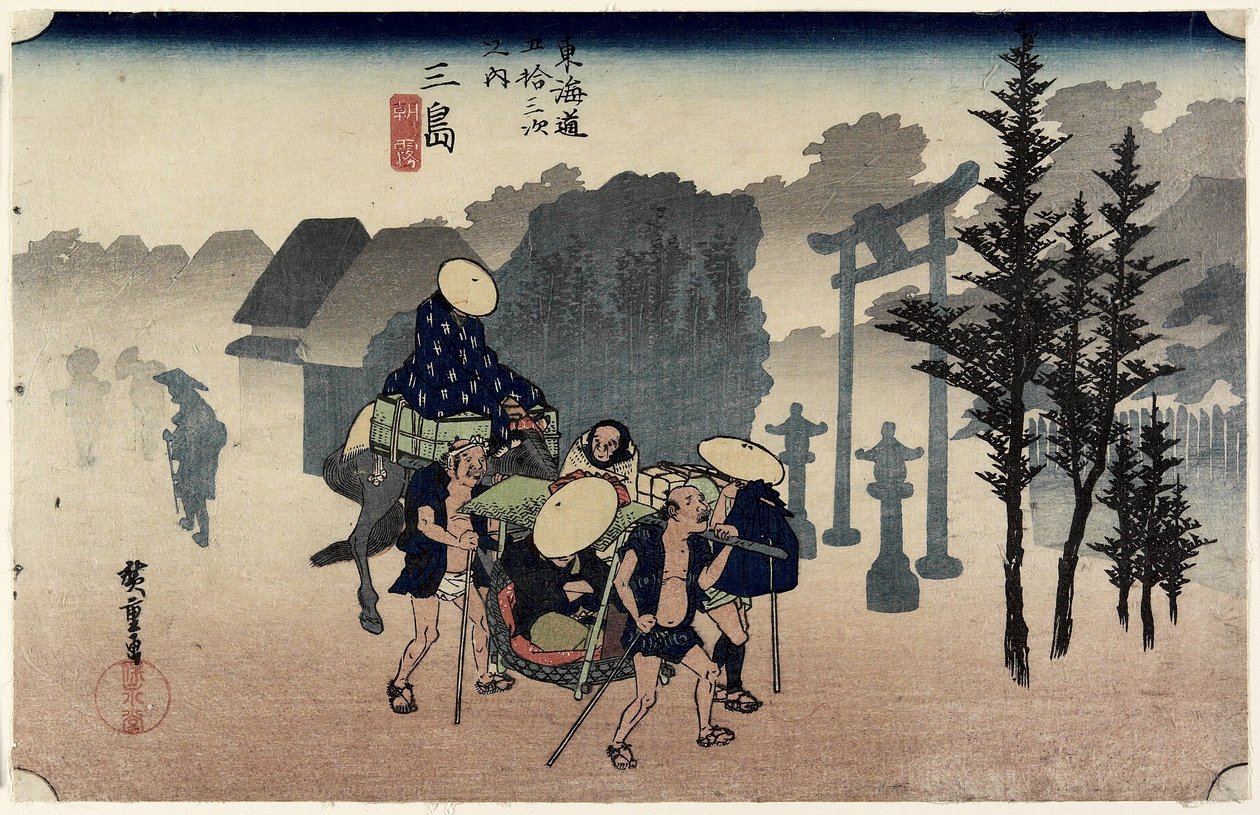 Ochtendmist, Mishima, ca. 1833 door Ando or Utagawa Hiroshige
