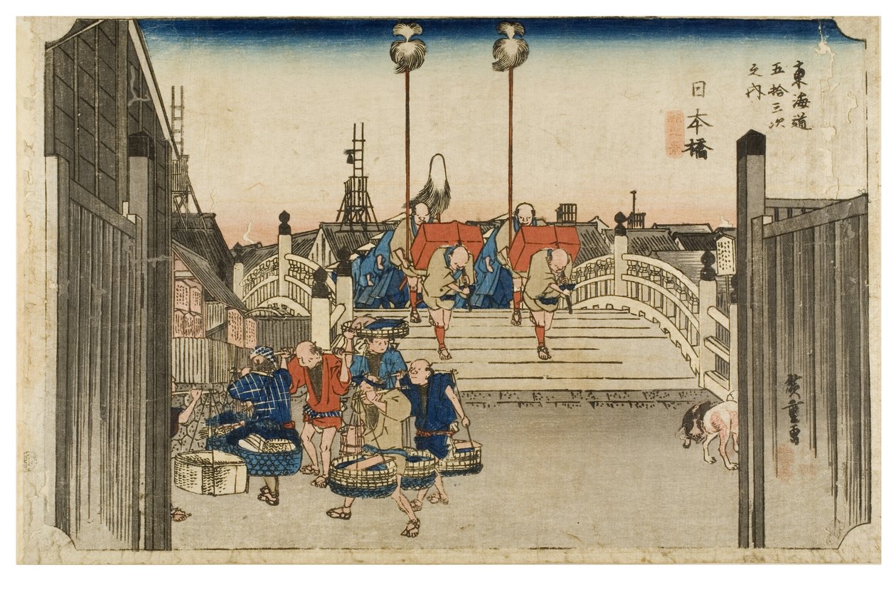 Nihonbashi: Ochtendzicht uit de serie De drieënvijftig stations van de Tokaido door Ando or Utagawa Hiroshige