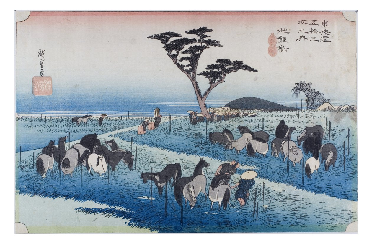 Nr. 40 Chiryu - Paardenmarkt in de vroege zomer, Edo-periode, ca. 1833-34 (houtsnede op papier) door Ando or Utagawa Hiroshige