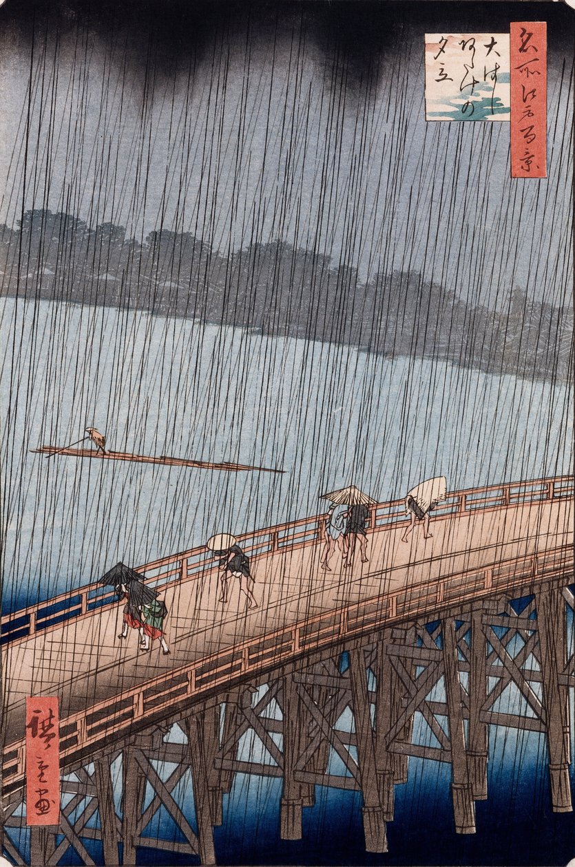 Ohashi, Plotselinge Regenbui bij Atake, uit de serie "Honderd Uitzichten van Beroemde Plaatsen in Edo" door Ando or Utagawa Hiroshige