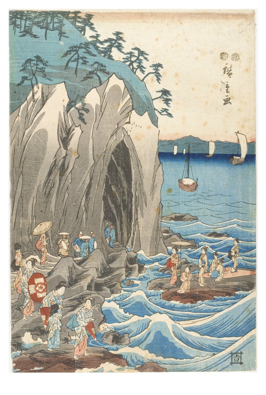 Bedevaart naar de tentoonstelling van het Benzaiten-beeld in het hoofdheiligdom van Iwaya in Enoshima in de provincie Sagami door Ando or Utagawa Hiroshige