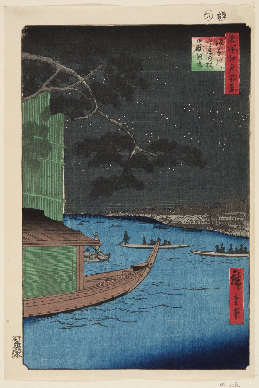 Pijnboom van Succes en Oumayagashi, Asakusa Rivier (Asakusagawa Shubi no matsu Oumayagashi) door Ando or Utagawa Hiroshige