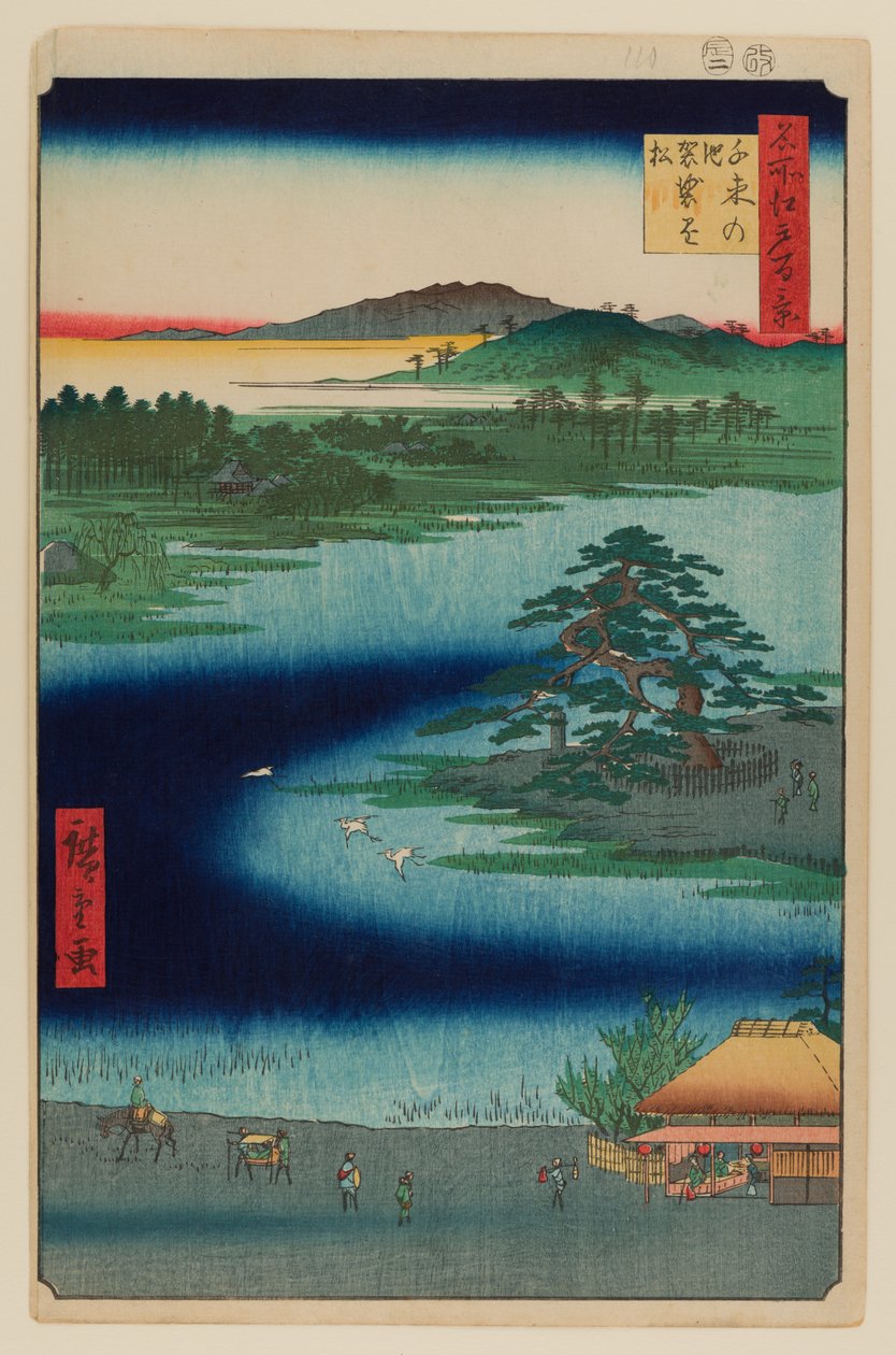 Hangende den, Senzoku-vijver door Ando or Utagawa Hiroshige