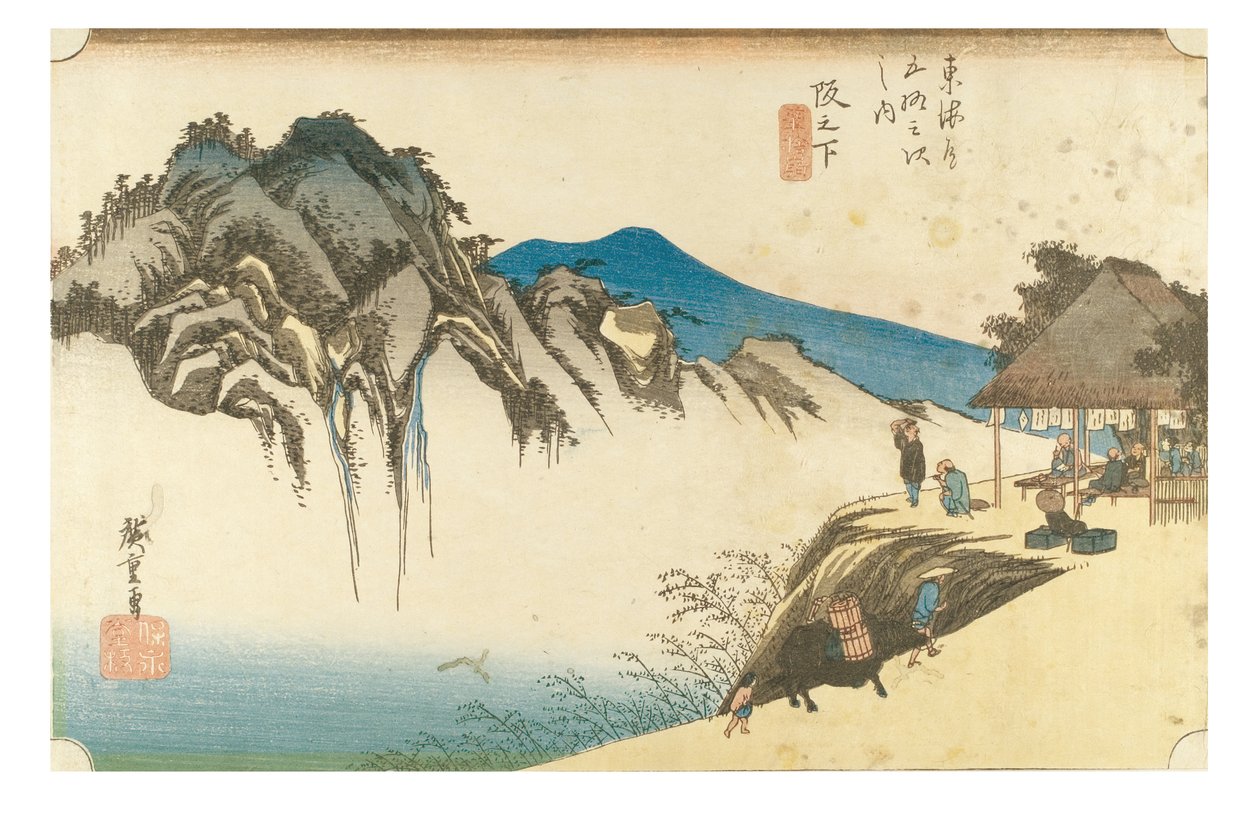 Saka no shita: Gezicht op de berg Fudesute uit de serie De drieënvijftig staties van de Tokaido, ca. 1831-1834 (houtsnede op papier) door Ando or Utagawa Hiroshige