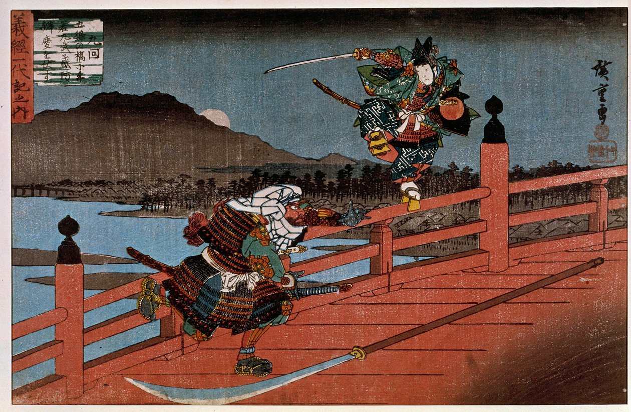 Samurai-gevecht Japanse prent door Hiroshige Utagawa (1797-1858). 19e eeuw. Parijs, Guimet Museum, Nationaal Museum voor Aziatische Kunsten door Ando or Utagawa Hiroshige