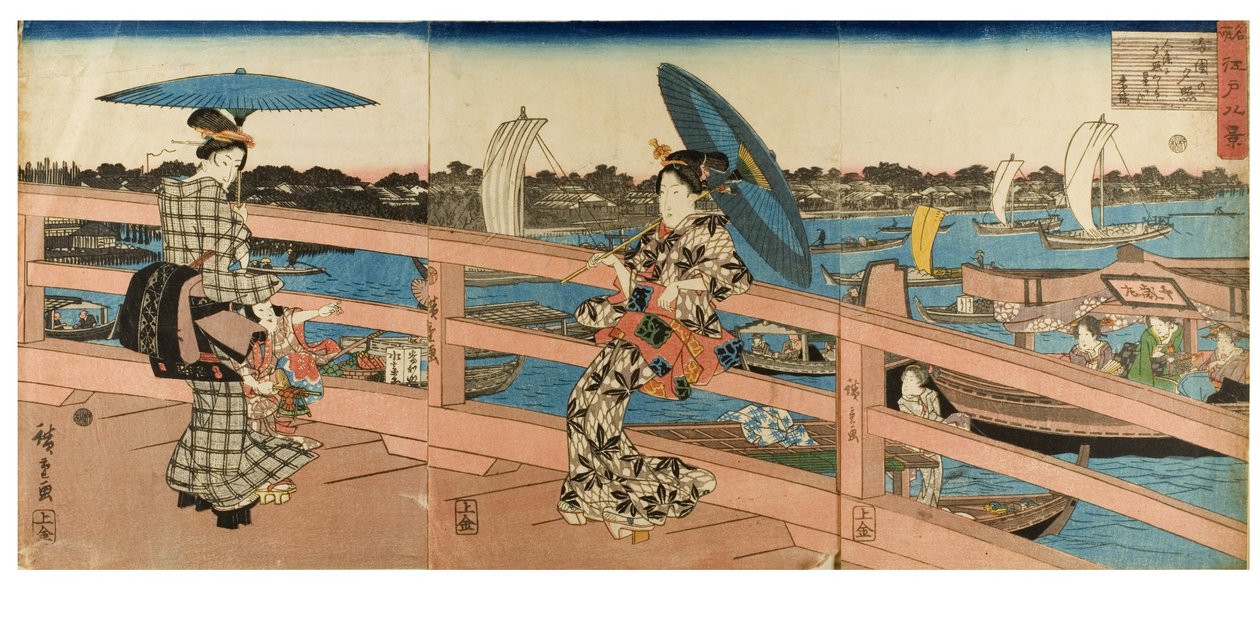 Zonsondergang bij de Ryogoku-brug uit de serie Acht Uitzichten van Beroemde Plaatsen in Edo door Ando or Utagawa Hiroshige
