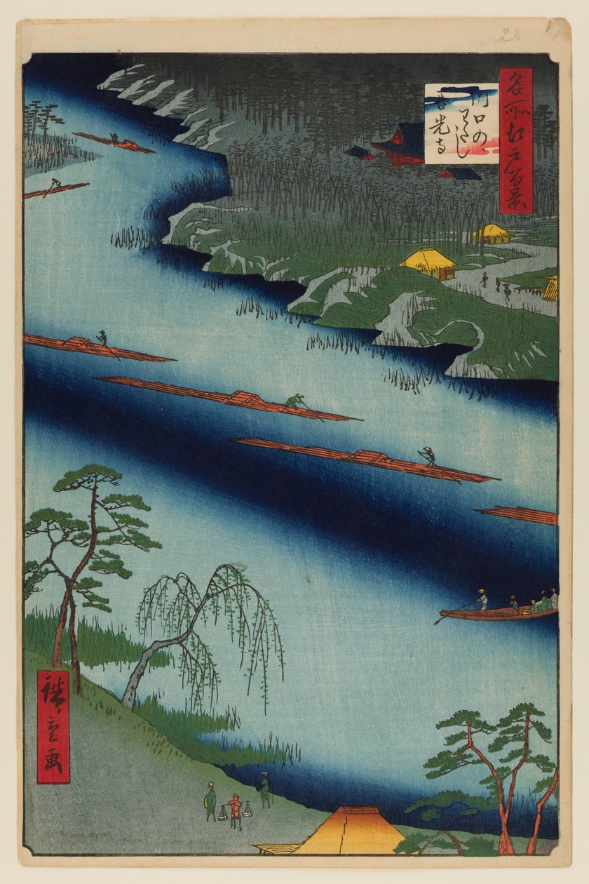 De Kawaguchi veerboot en de Zenkoji tempel door Ando or Utagawa Hiroshige