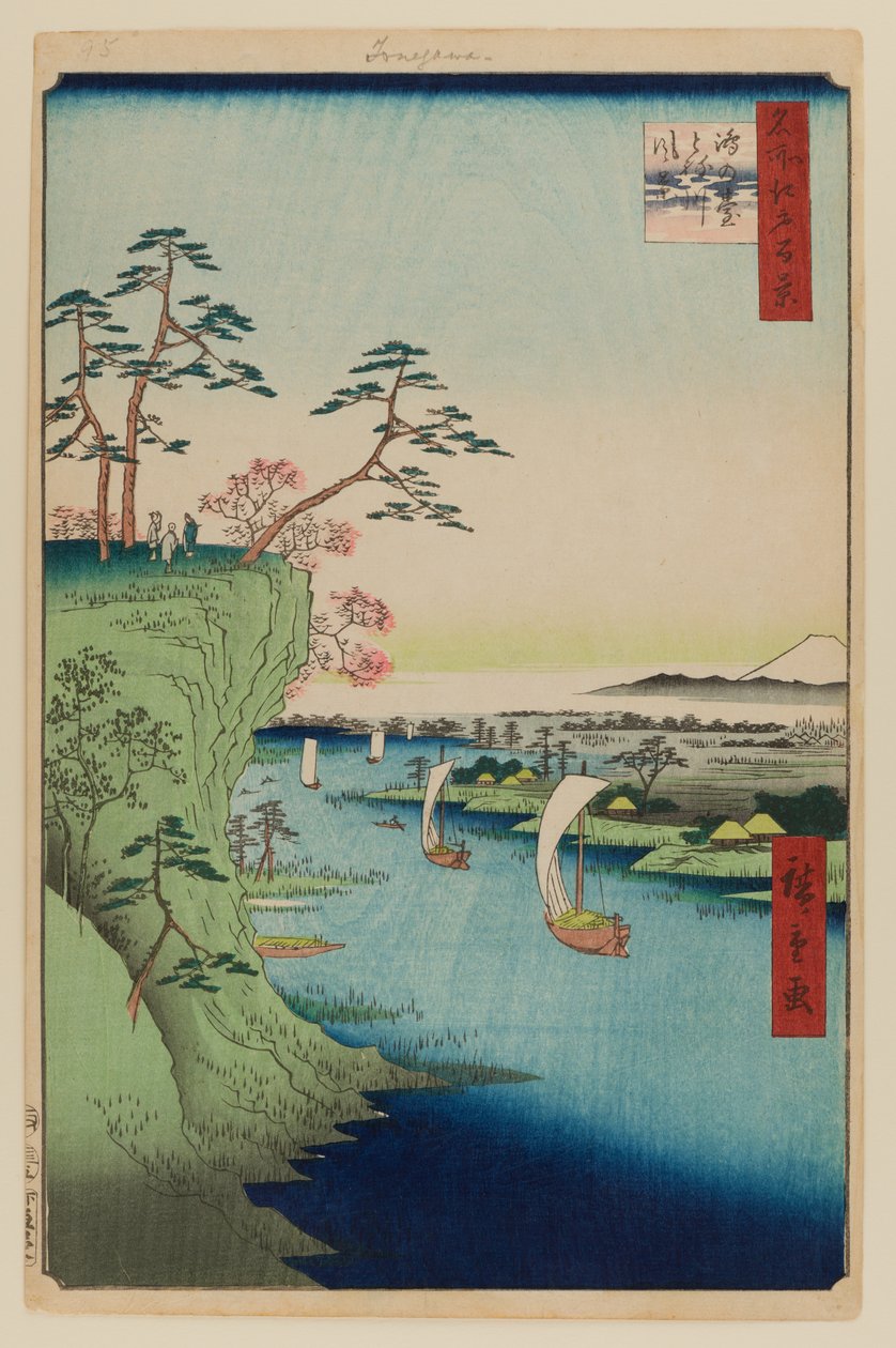 Uitzicht op Konodai en de rivier de Tone door Ando or Utagawa Hiroshige