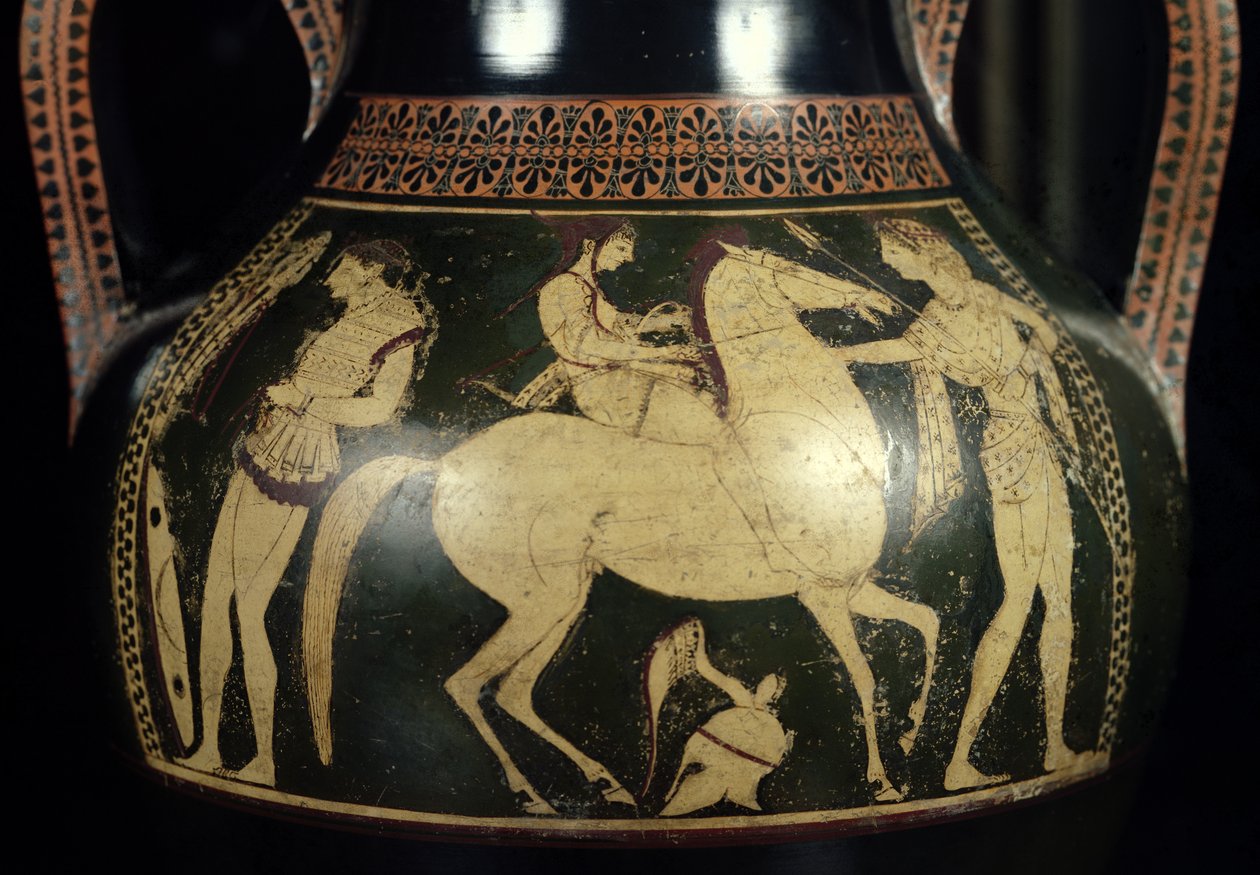 Attische wit-figuur amphora met amazones die zich voorbereiden op de strijd, ca. 525-520 v.Chr. (keramiek) (detail) door Andokides Painter