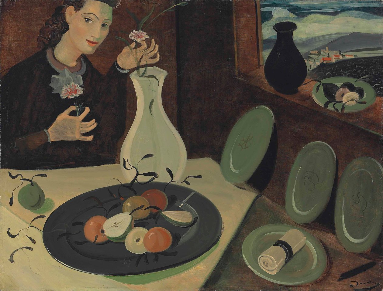 Bord met fruit en vrouw met bloemen in een vaas door Andre Derain