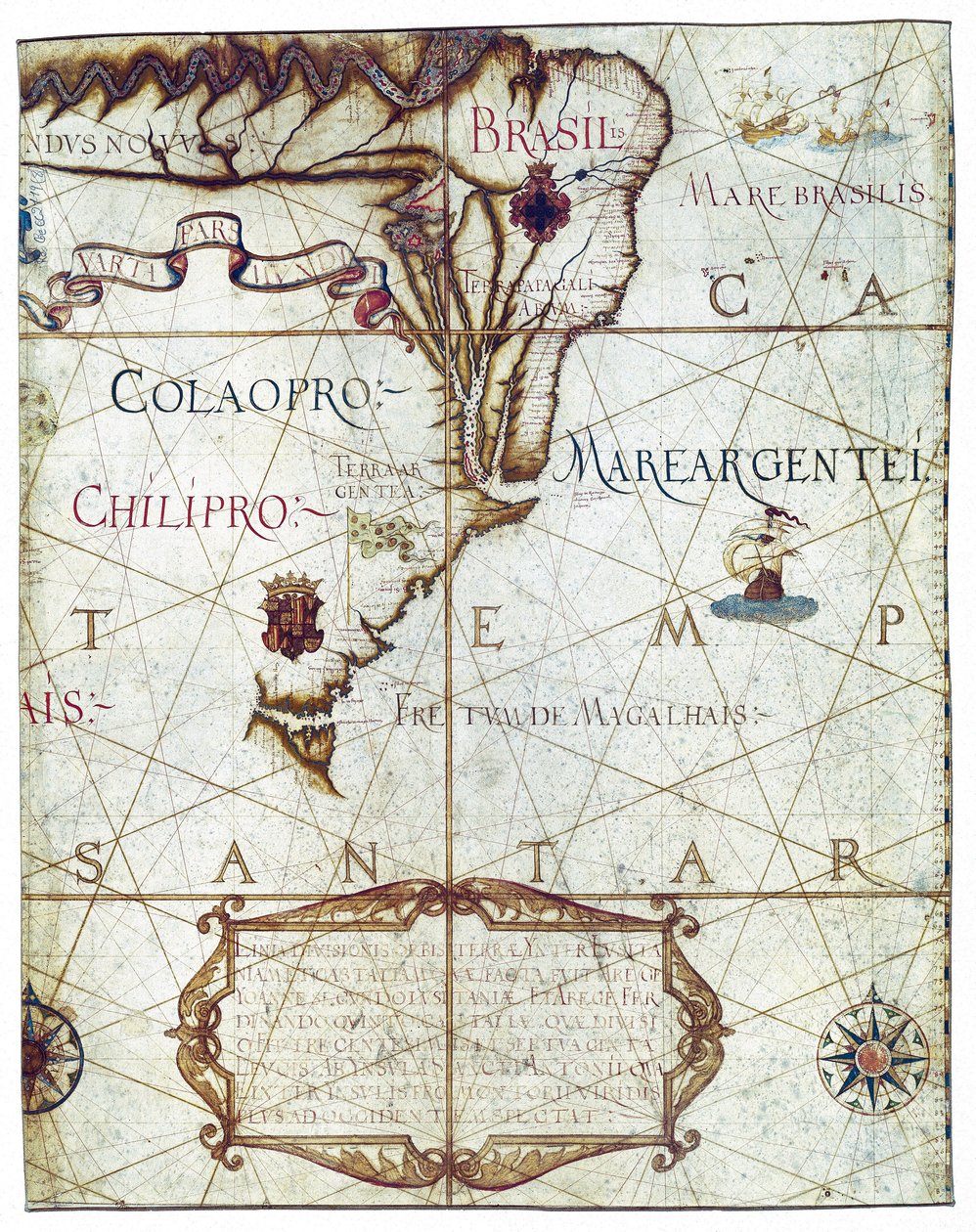 Kaart van Zuid-Amerika, in Universa ac Navigabilis Totius Terrarum Orbis Descriptio 1559 door André Homem