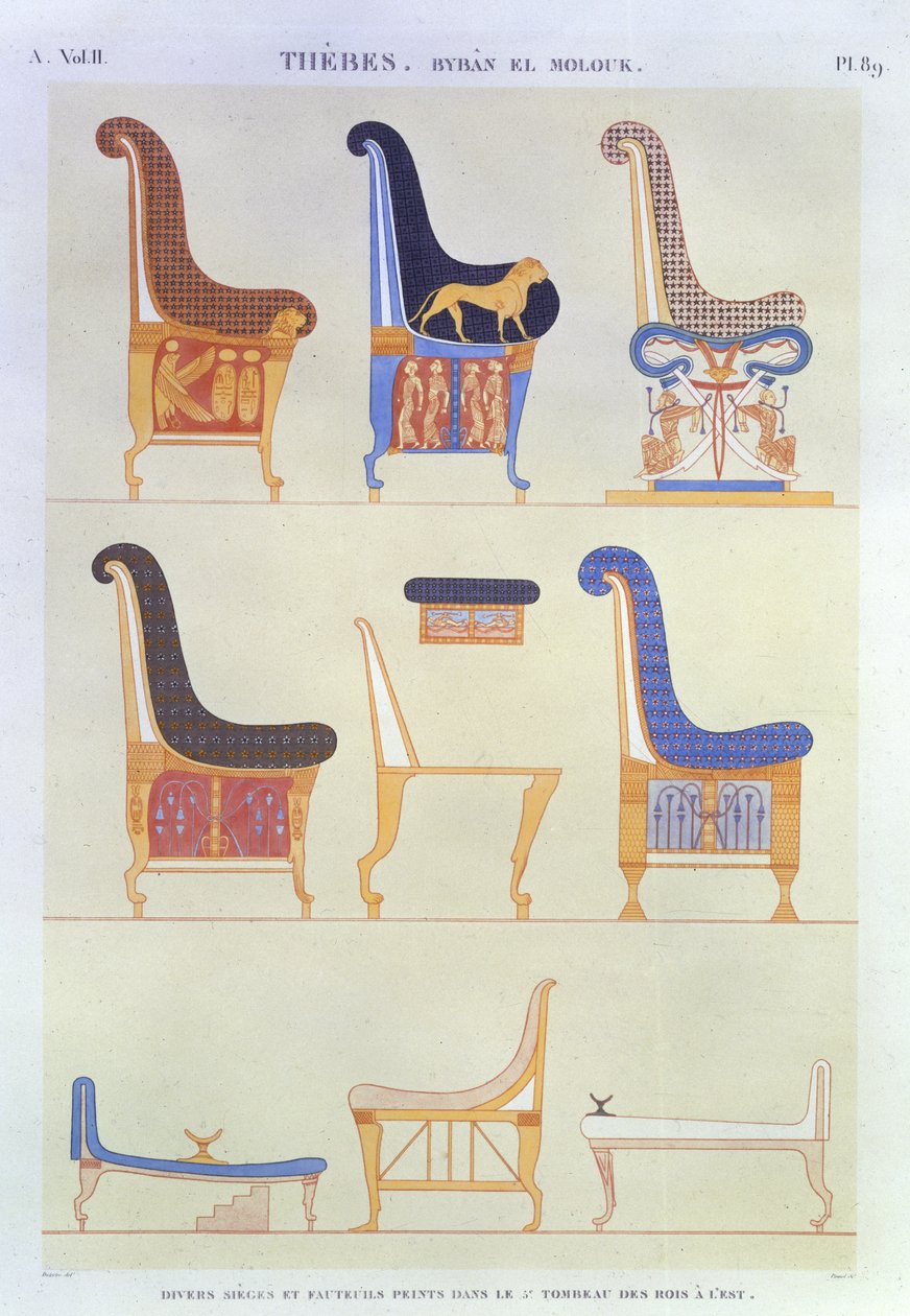 Illustraties van verschillende beschilderde stoelen en armstoelen uit het 5e graf van de koningen in het oosten, Byban el Molouk, plaat 89 uit Vol II van 