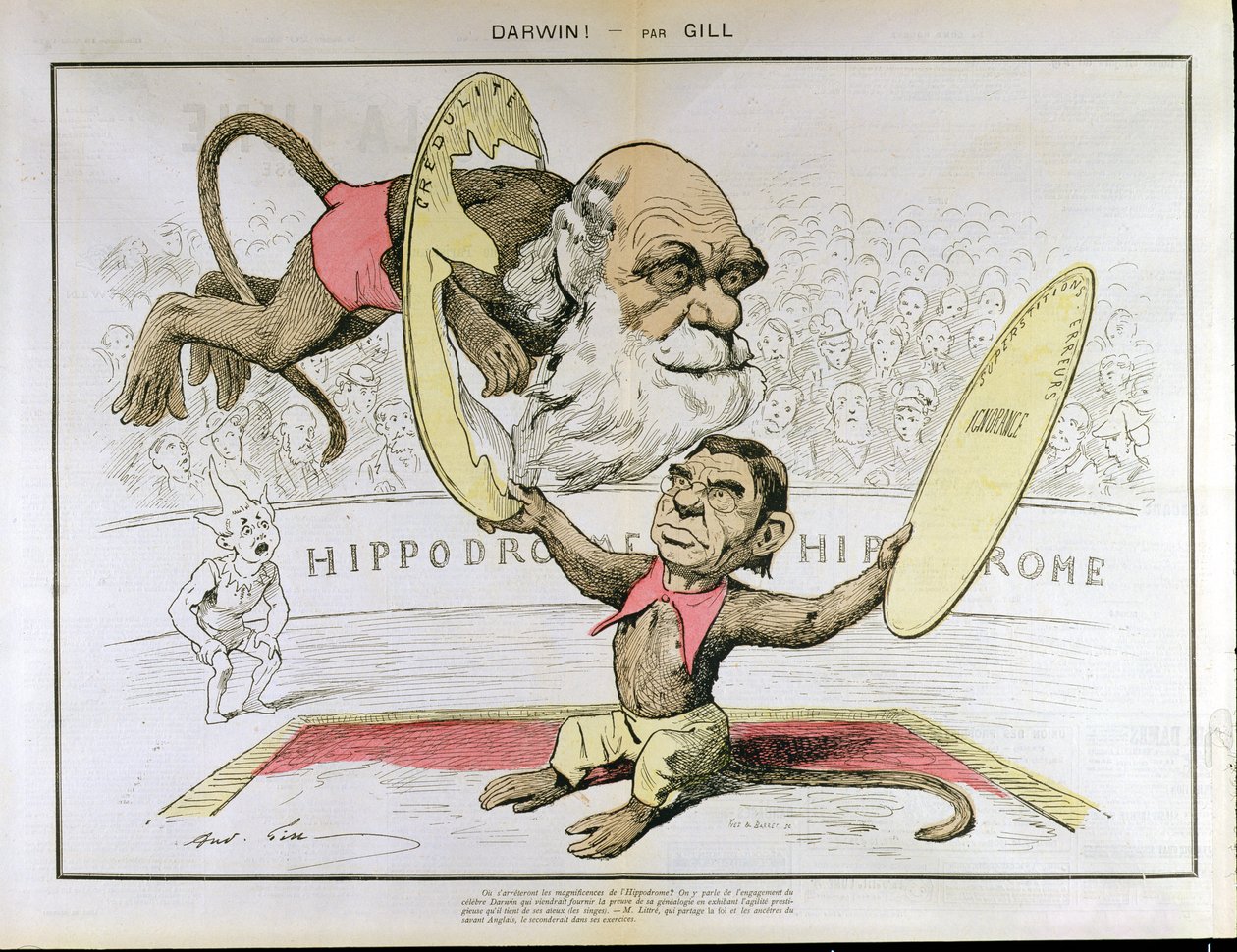 Karikatuur van Charles Darwin en Emile Littre als optredende apen in een circus door Andre Gill