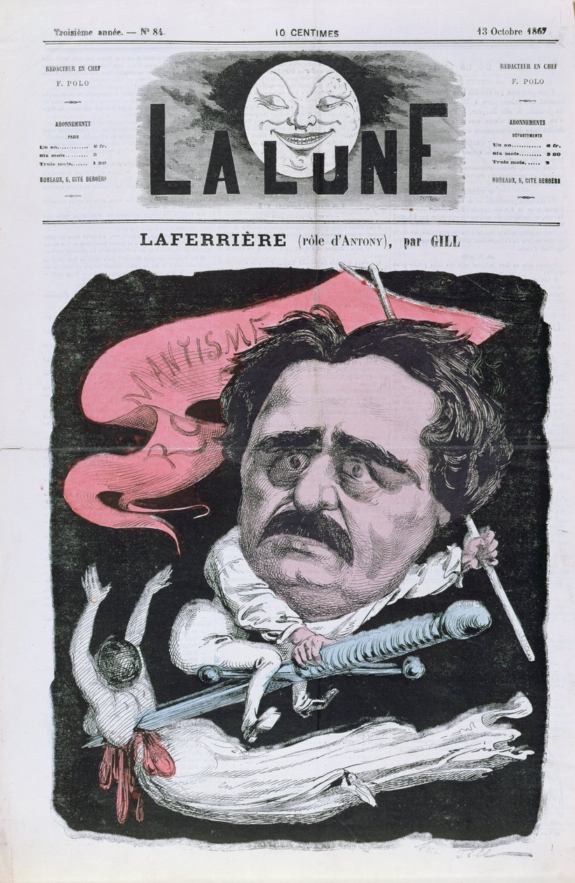 Karikatuur van de acteur Laferriere in de rol van Antony, uit het gelijknamige stuk van Alexandre Dumas père, van de voorpagina van 