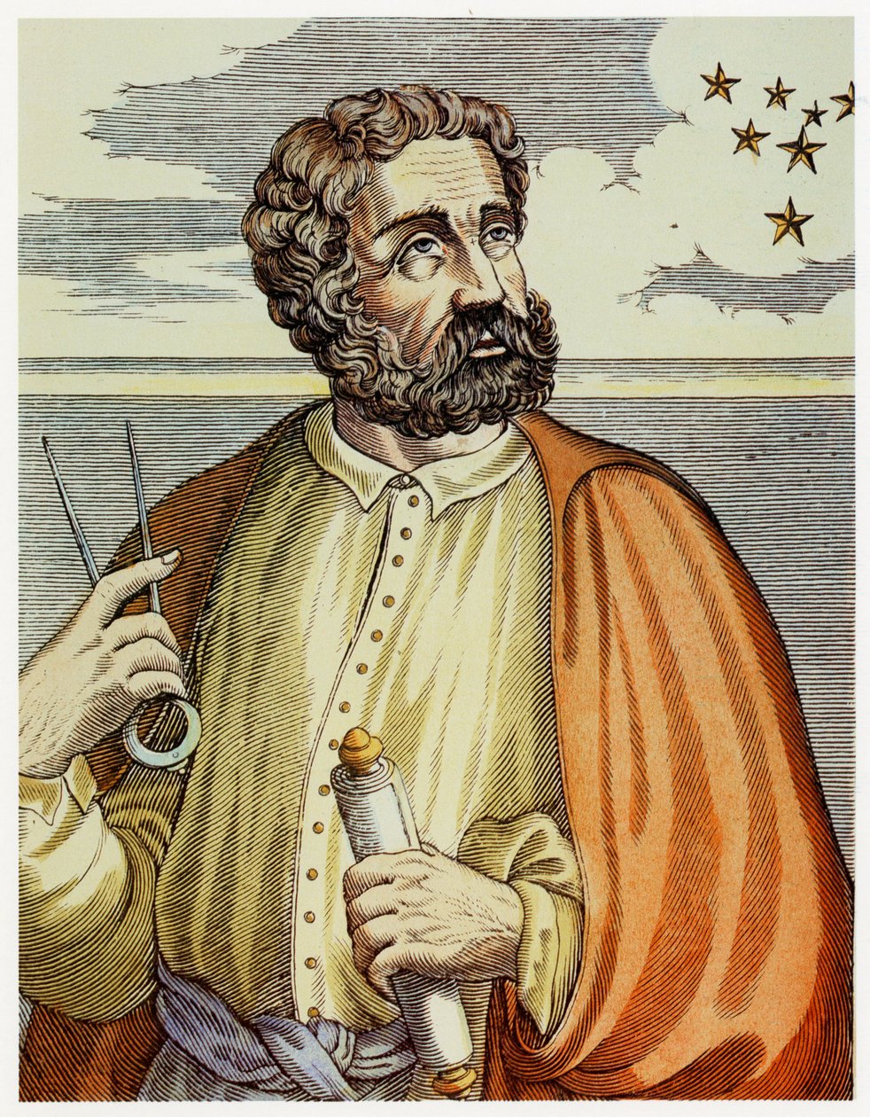 Portret van Ferdinand Magellaan (1480 - 1521) met navigatie-instrumenten door Andre Thevet