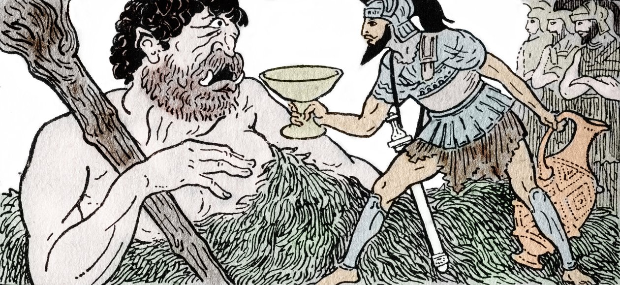 Odyssee van Homerus: Odysseus biedt een beker wijn aan Polyphemus, de Cycloop door Andre Bonamy