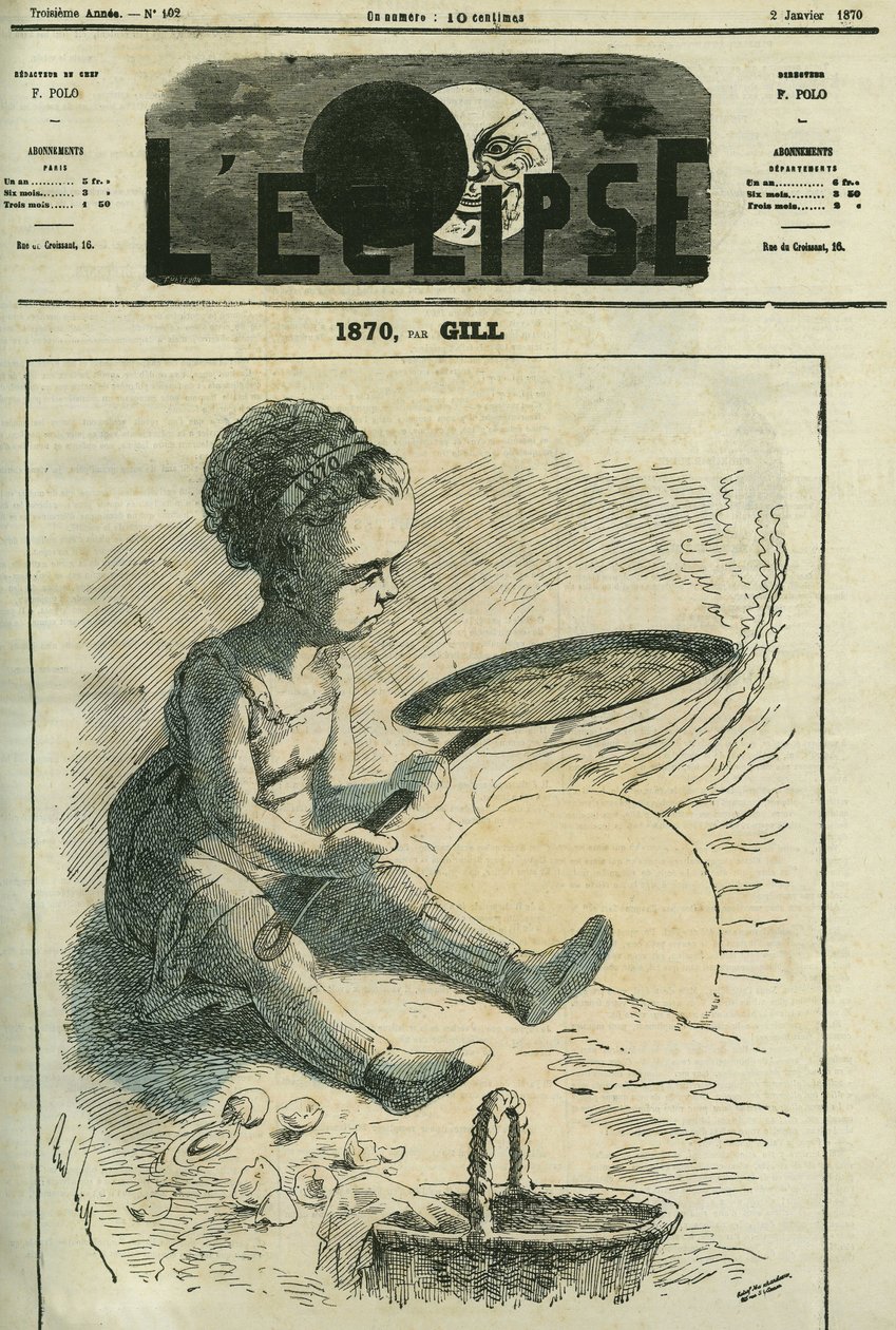 1870, sociale keuken: een klein meisje bakt een pannenkoek op een fornuis verwarmd door de zon. Omslag in 