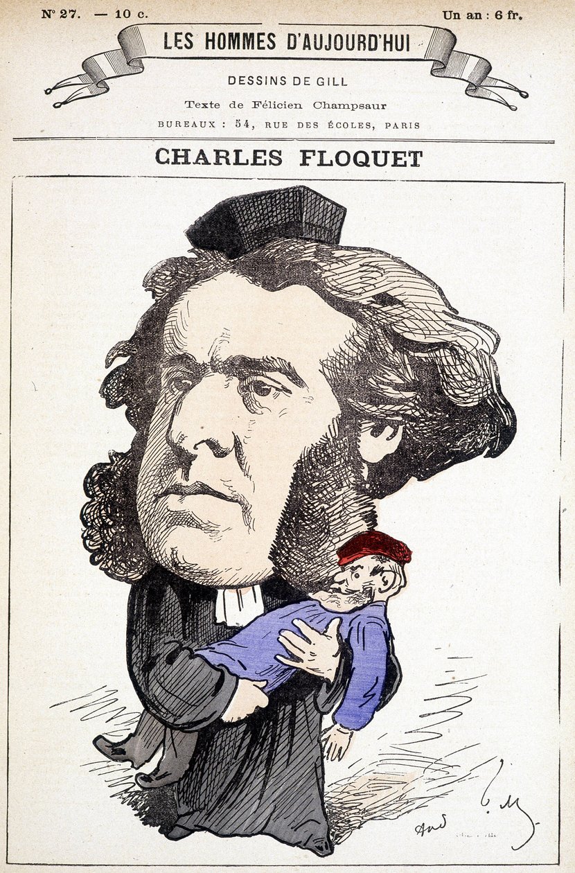 Cartoon door Charles Floquet (1828-1896), advocaat en voorzitter van de Raad tussen 1888 en 1889. Hij verwondde generaal Boulanger in een duel, wiens ideeën hij bestreed. Tekening door Gill in 