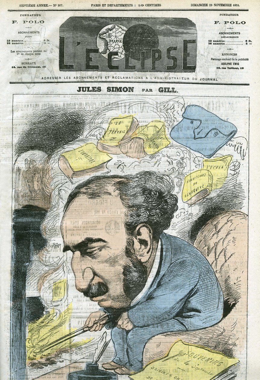 Karikatuur door Jules Simon, politicus, filosoof, Franse essayist. Omslag in 