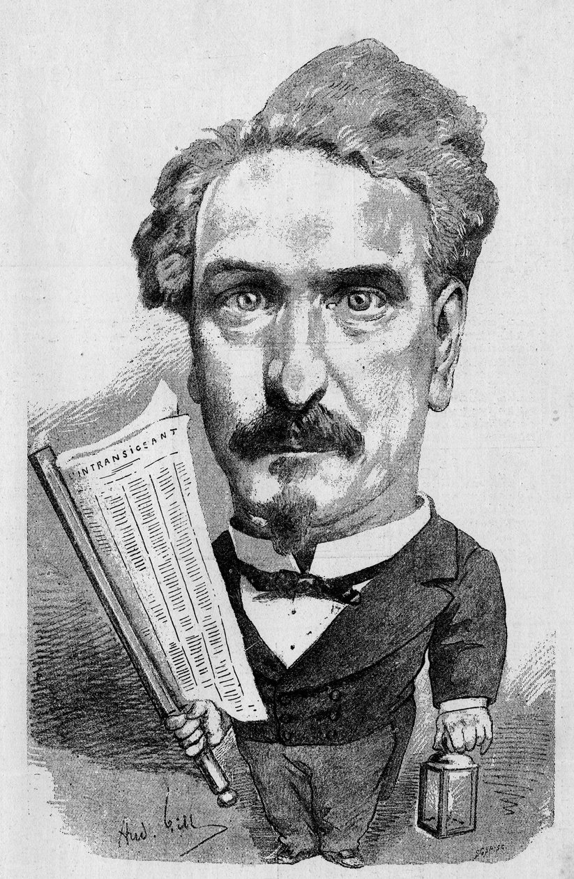 Tekening door André Gill die Henri Rochefort (1831-1913) Franse journalist en politicus voorstelt, in 