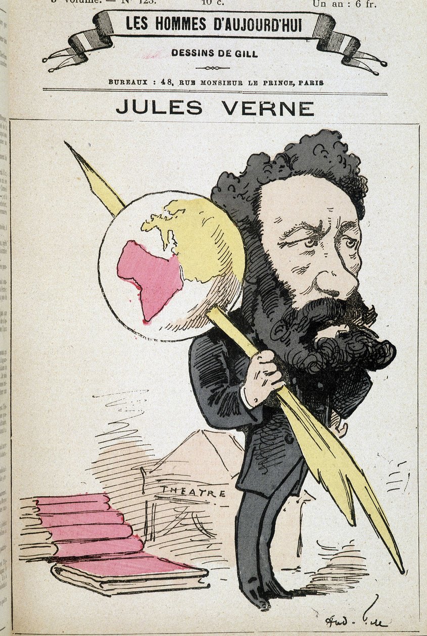 Jules Verne knijpt de aarde aan zijn pen - door Gill, in 