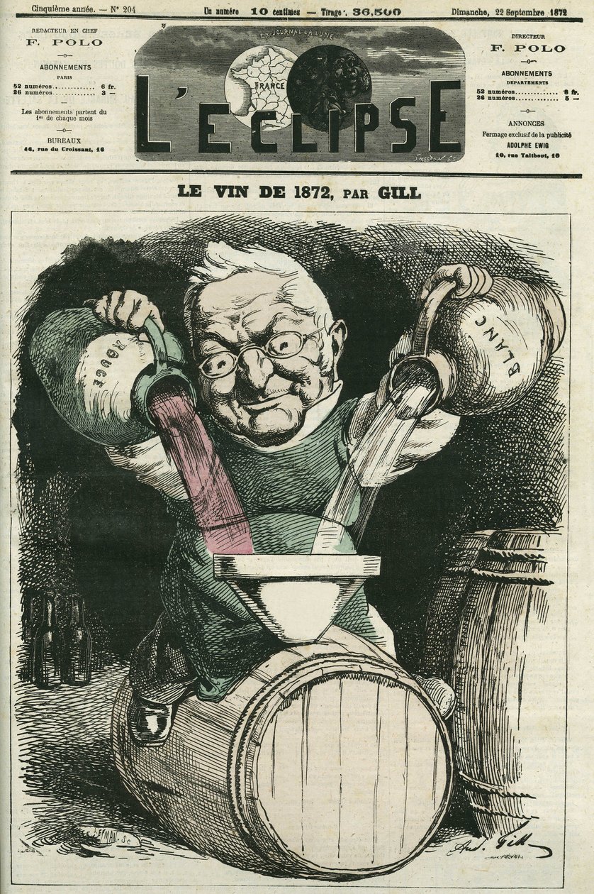 De wijn van 1872, illustratie door Adolphe Thiers, menging van witte en rode wijn. Omslag in 