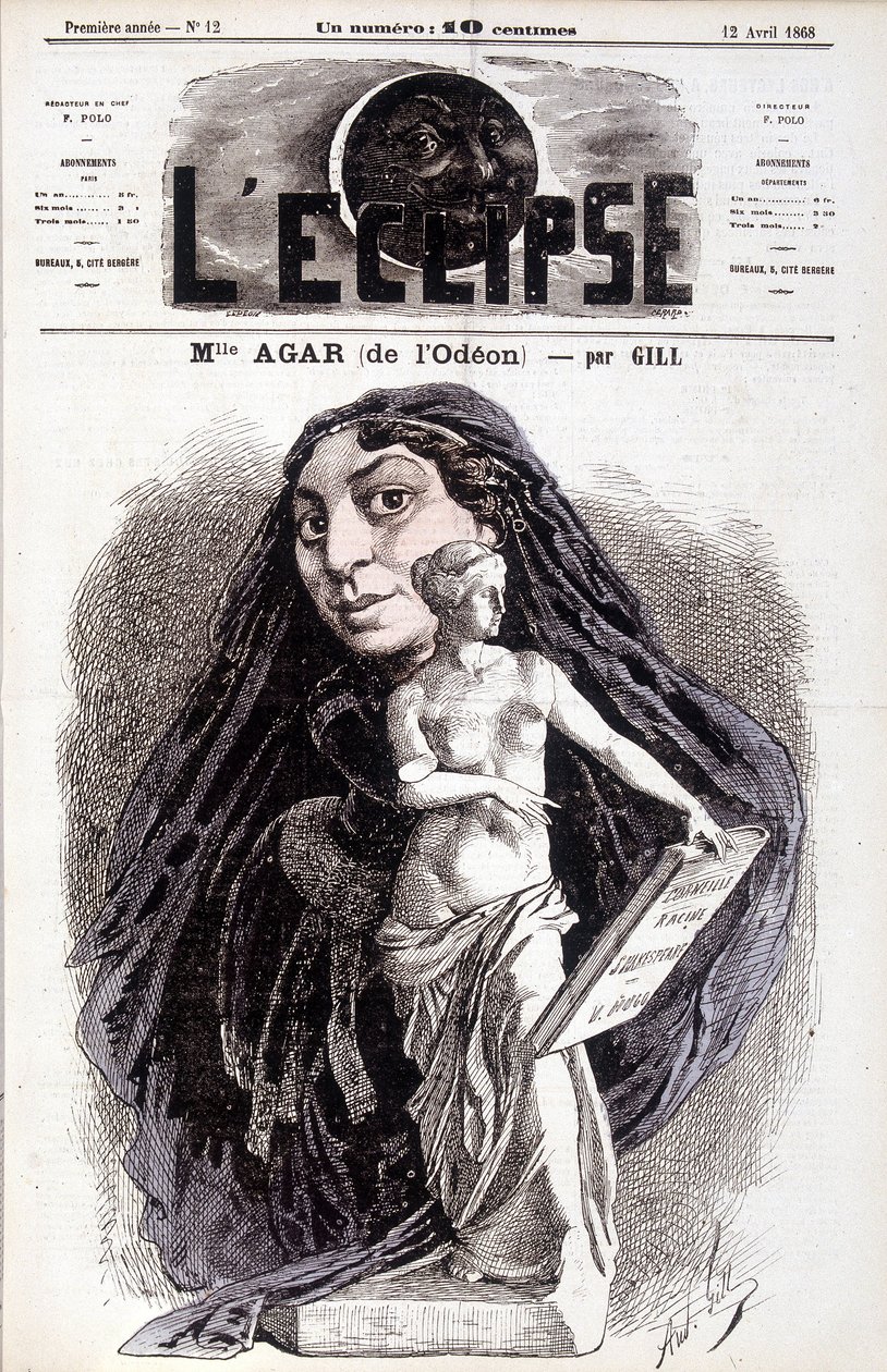 Mademoiselle Agar (van de Odéon) Actrice bij de Franse Academie. Tekening door Gill in de Eclipse door Andre Gill