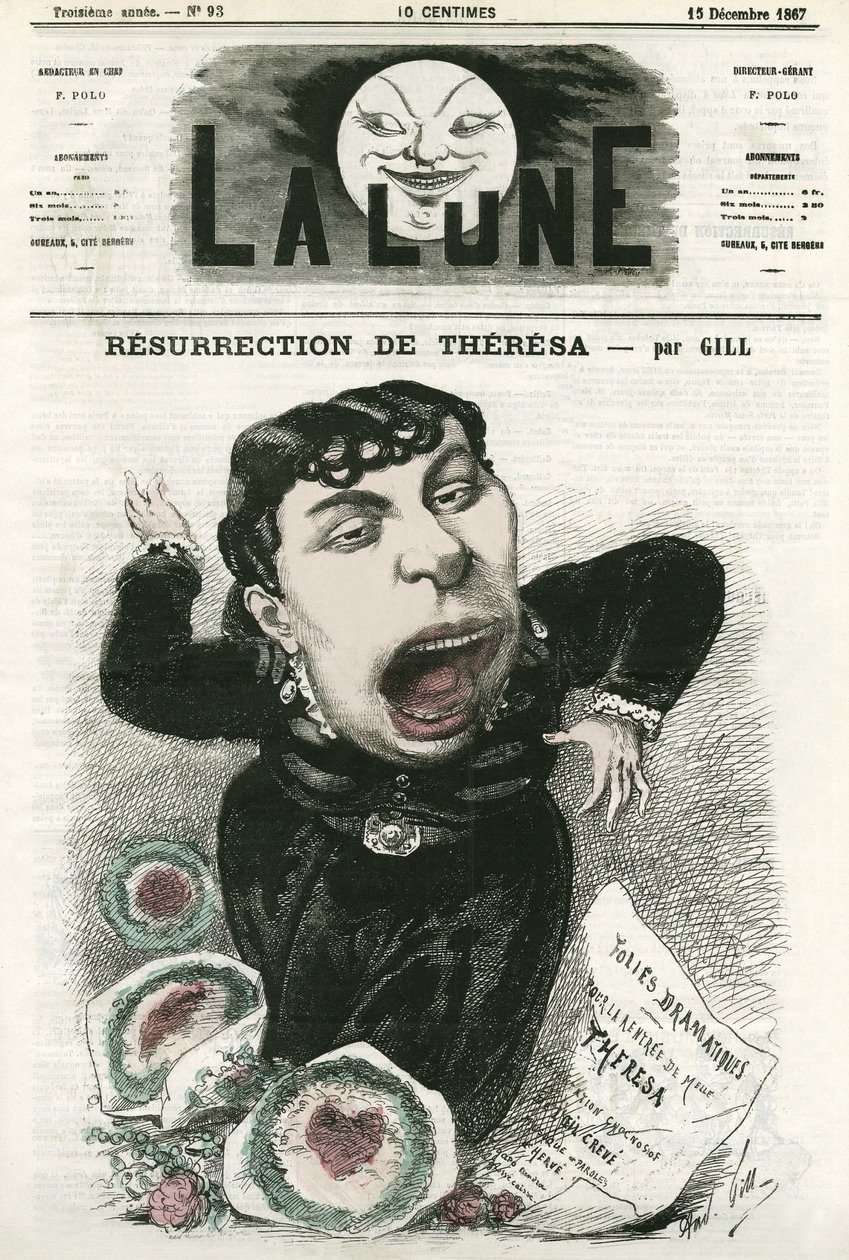 Portret van Emma Valladon genaamd Theresa (1837-1913), Franse operettezangeres. Cartoon door Gill, in 