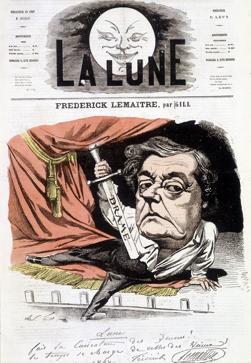 Portret van Frédérick Lemaître (1800-1876), Franse toneelspeler. Cartoon door Gill in 