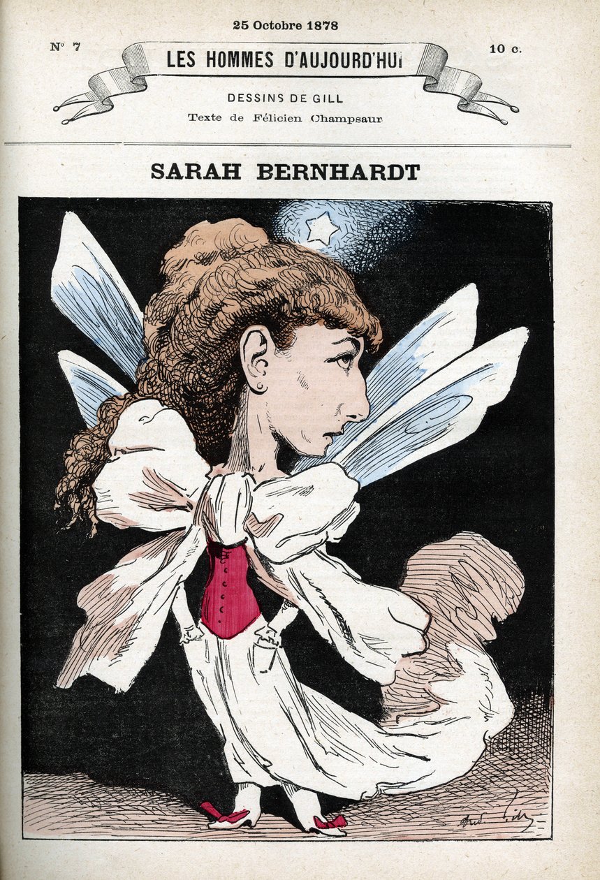 Portret van Henriette Rosine Bernard, bekend als Sarah Bernhardt (1844-1923), Franse toneelactrice. Cartoon door Gill, Parijs door Andre Gill