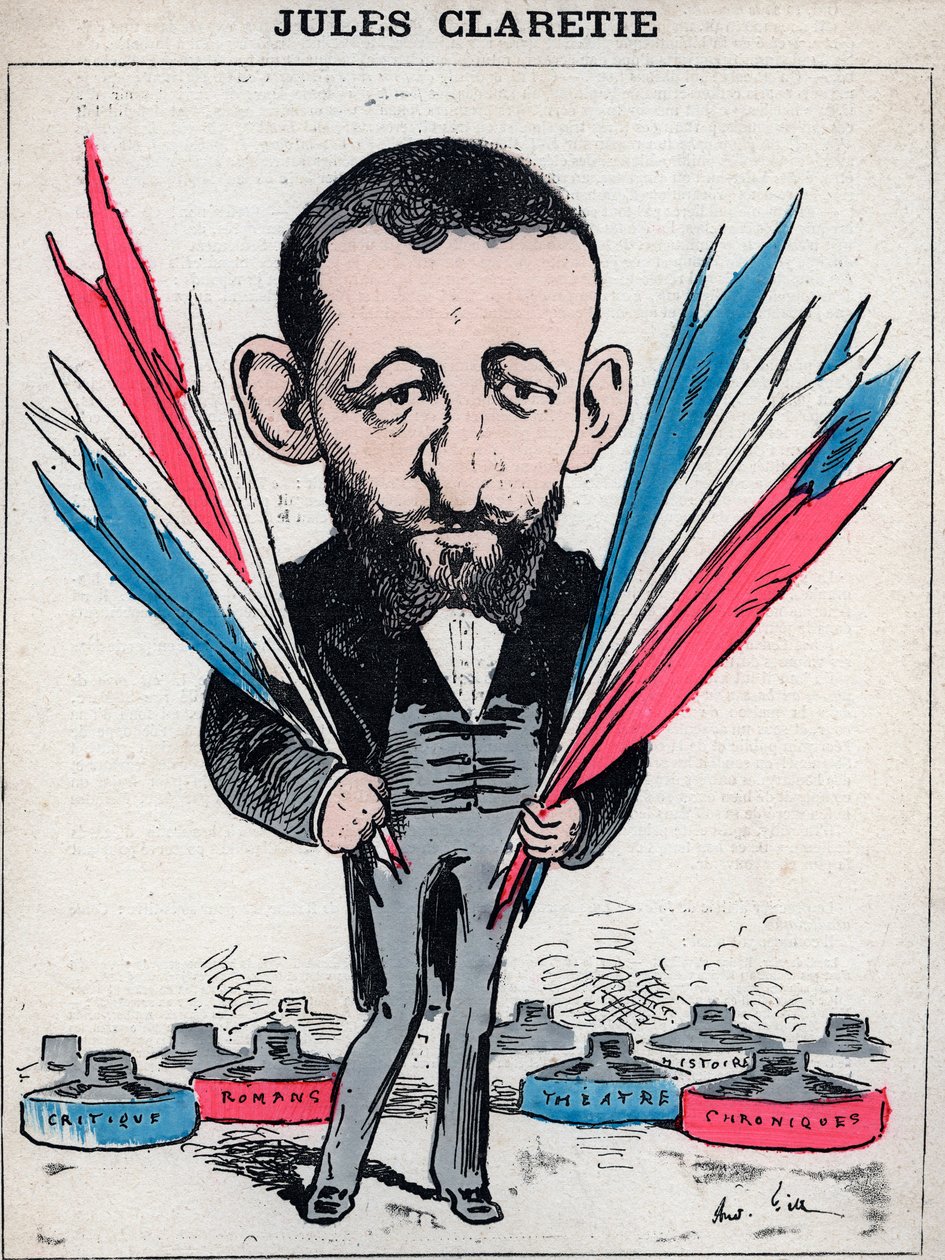 Portret van Jules Claretie (1840-1913), Franse romanschrijver, toneelschrijver en criticus - Karikatuur door Andre Gill, in 