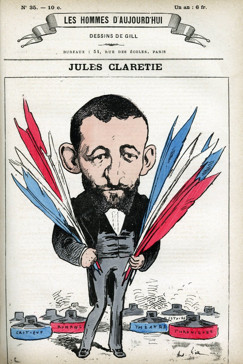 Portret van Jules Claretie (1840-1913), Franse romanschrijver, toneelschrijver en criticus. Cartoon door Gill, in 