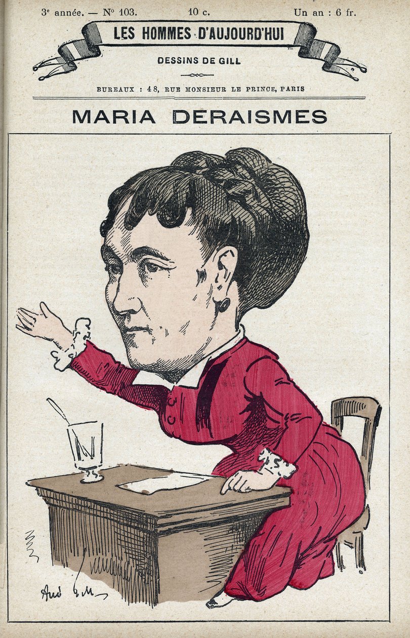 Portret van Maria Deraismes (1828-1894), een Franse letterkundige en feministe, zij richtte samen met Leon Richer, Louise Michel en Paule Minck de Association pour le droit des femmes op in 1869. Cartoon door Gill, Parijs. door Andre Gill