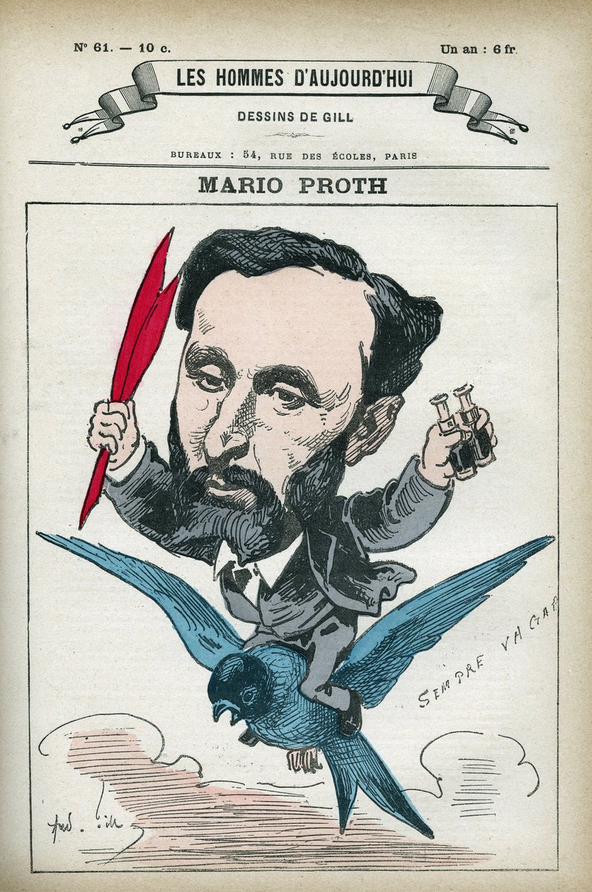 Portret van Mario Proth, Franse schrijver, literair criticus en publicist. Cartoon door Gill, Parijs door Andre Gill