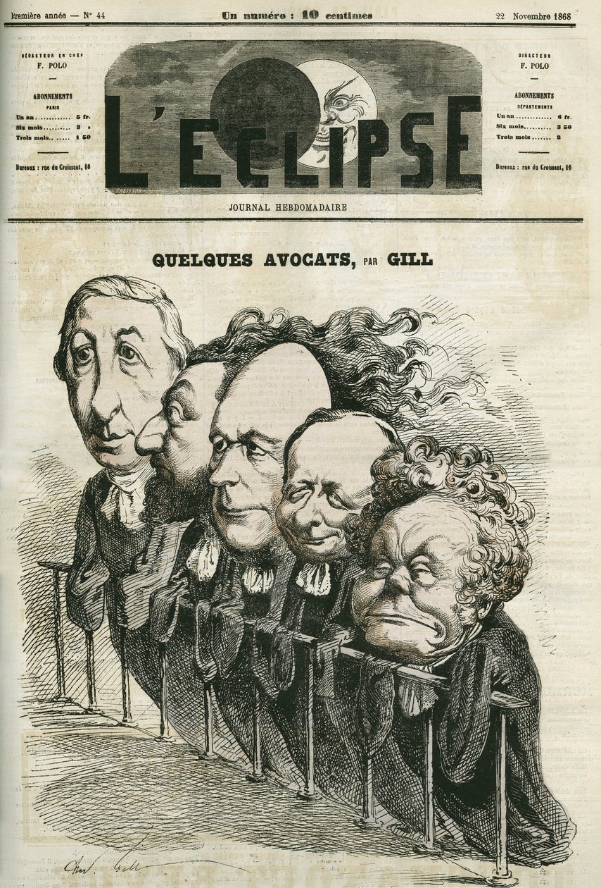 Enkele advocaten, Emmanuel Arago (1812-1896), Leon Gambetta (1838-1882), Jules Grevy (1807-1891), Laurier en Adolphe Cremieux (1796-1880) door Andre Gill