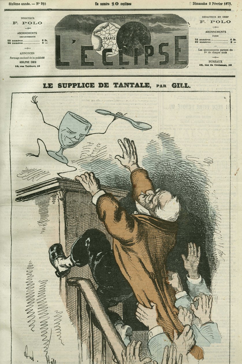 De kwelling van Tantalus, karikatuur van Adolphe Thiers, Franse staatsman door Andre Gill