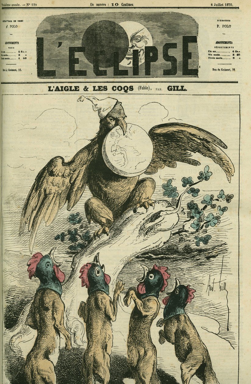 De adelaar en de hanen, volgens de fabel, de Napoleontische adelaar houdt Frankrijk in zijn snavel klaar om het los te laten aan vossen met een hanenkop. Omslag in L
