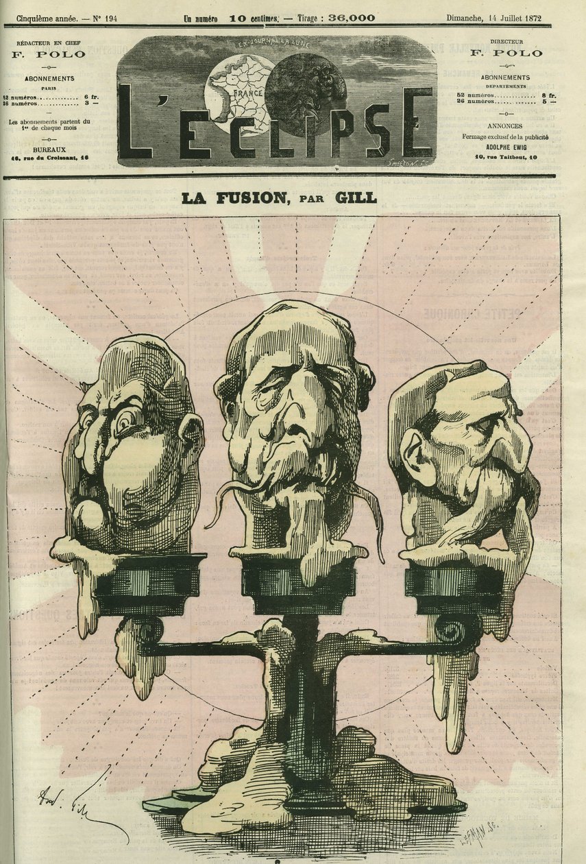 De fusie, een illustratie van de samenstelling van de Vergadering, met royalisten, bonapartisten en republikeinen. Omslag in 