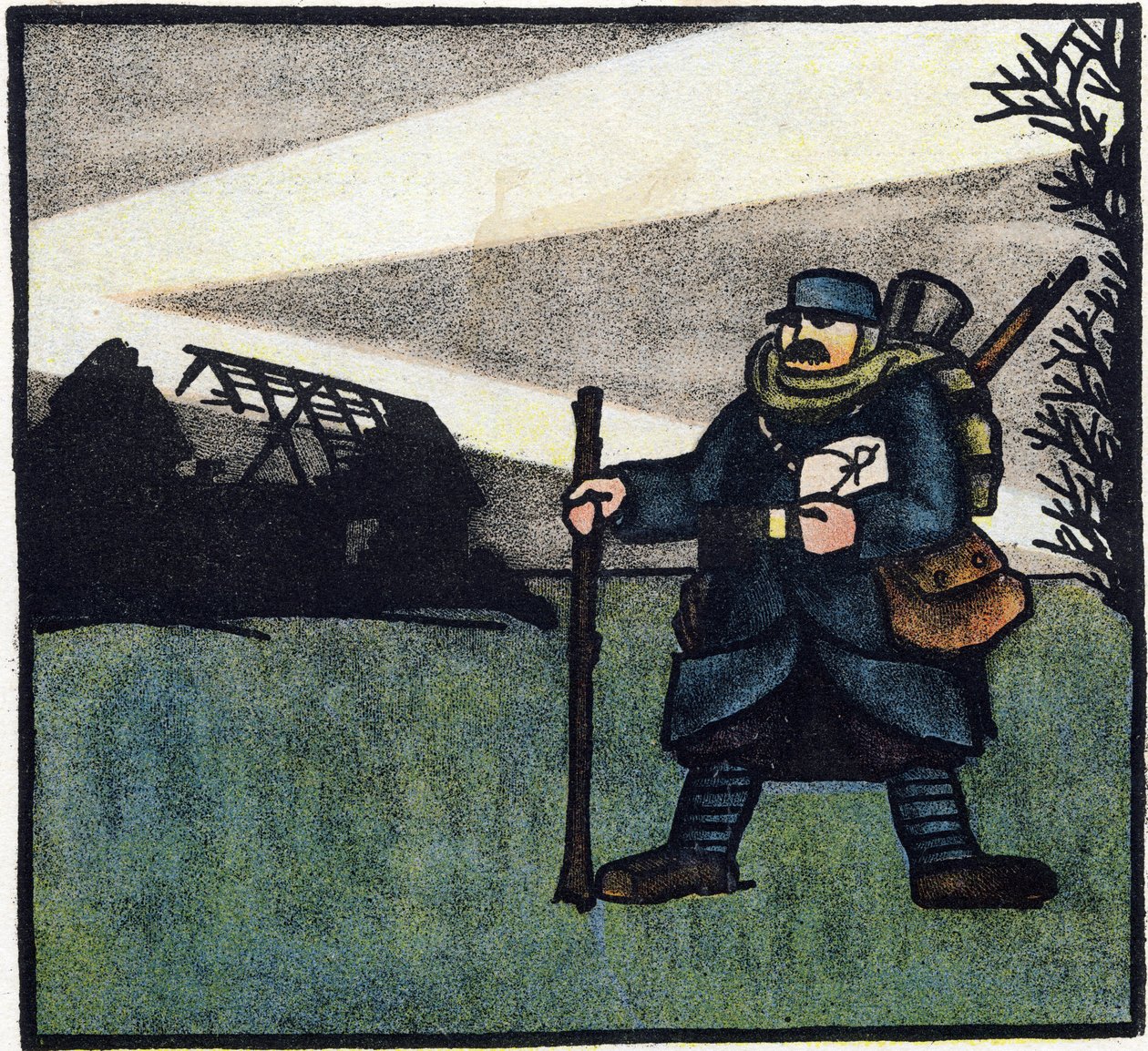 Eerste Wereldoorlog 1914-1918: Harige. Portret van een Franse soldaat in militair uniform met rugzak, tas en geweer. Gravure in 