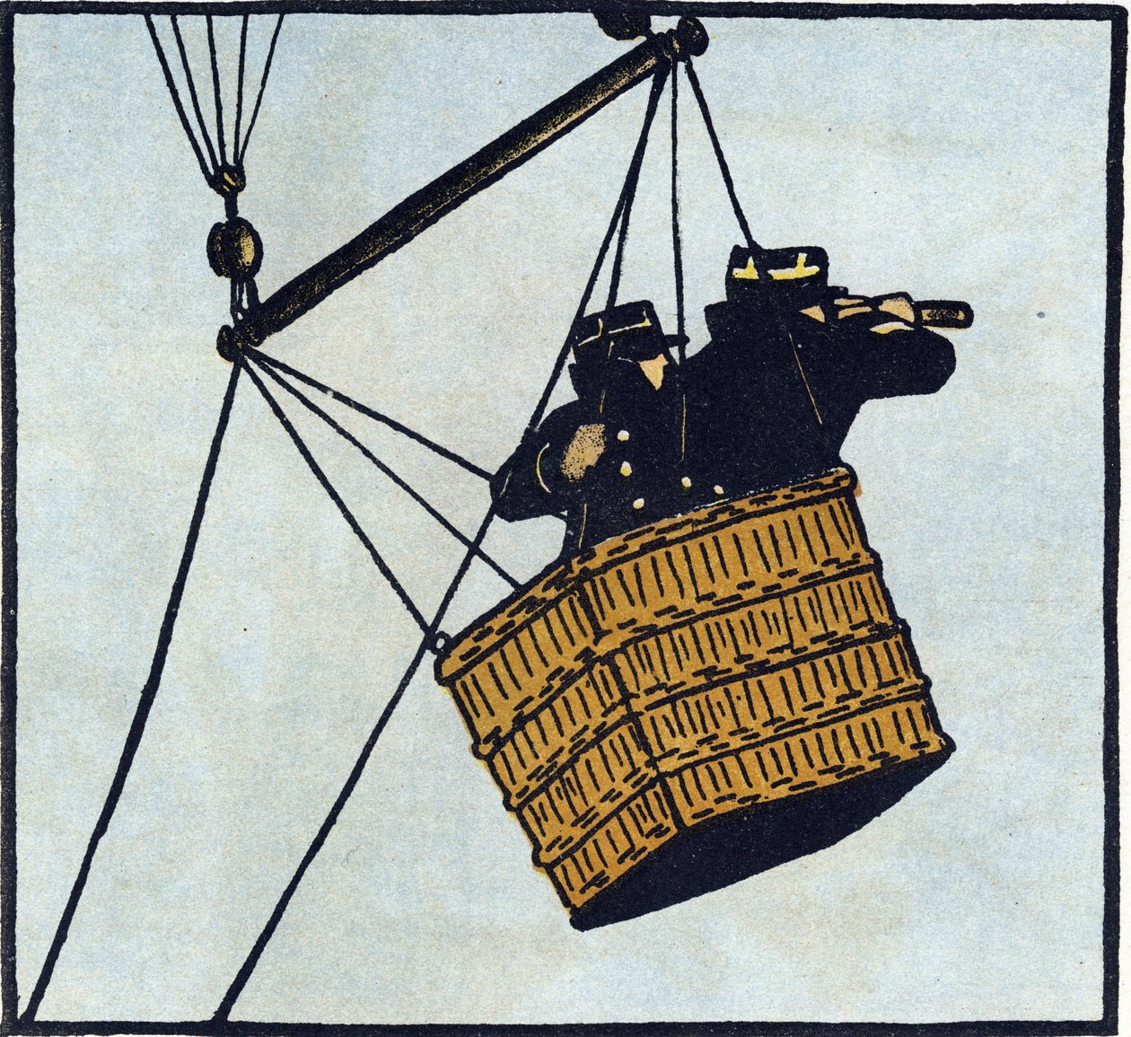 Eerste Wereldoorlog 1914-1918: Waarnemers (observatiepost) van het Franse leger in een gevangengenomen ballon proberen de vijand te spotten. Gravure in 