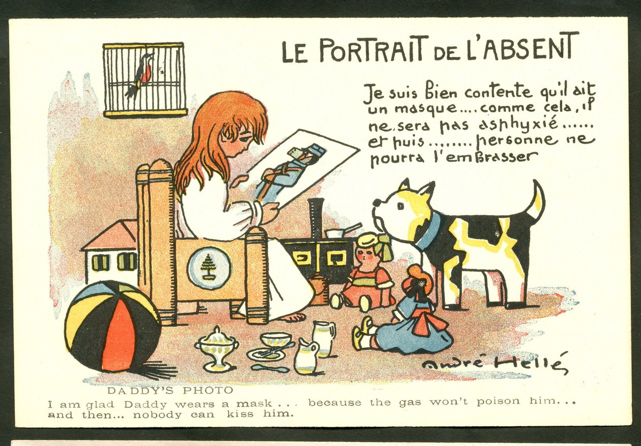Ansichtkaart, Kleur Satirisch: Het Portret van de Afwezige - Oorlog van 14-18, Kinderillustratie door Andre Helle (1875-1945) door Andre Helle