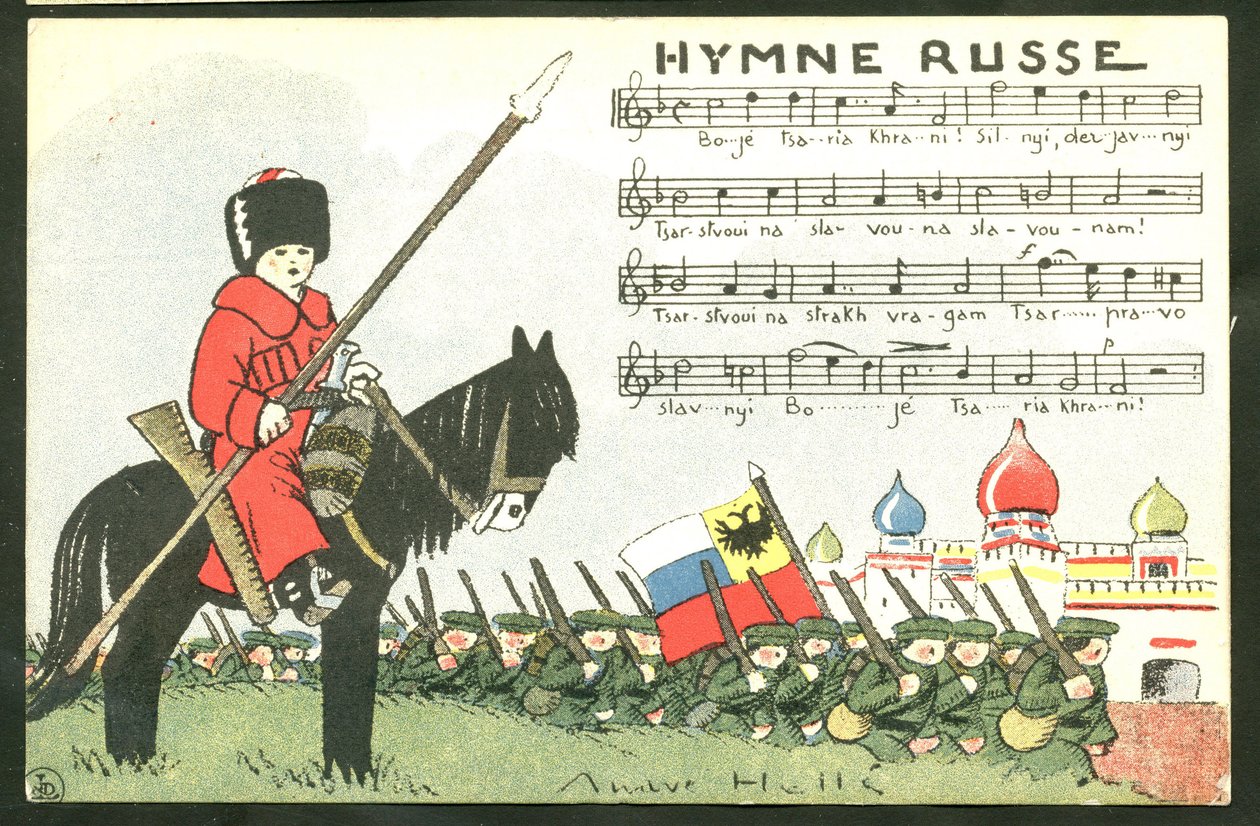 Satirische ansichtkaart in kleuren: Russisch volkslied - Oorlog van 14-18, Rusland, Zingen - Soldaten Illustratie door Andre Helle (1875-1945) door Andre Helle